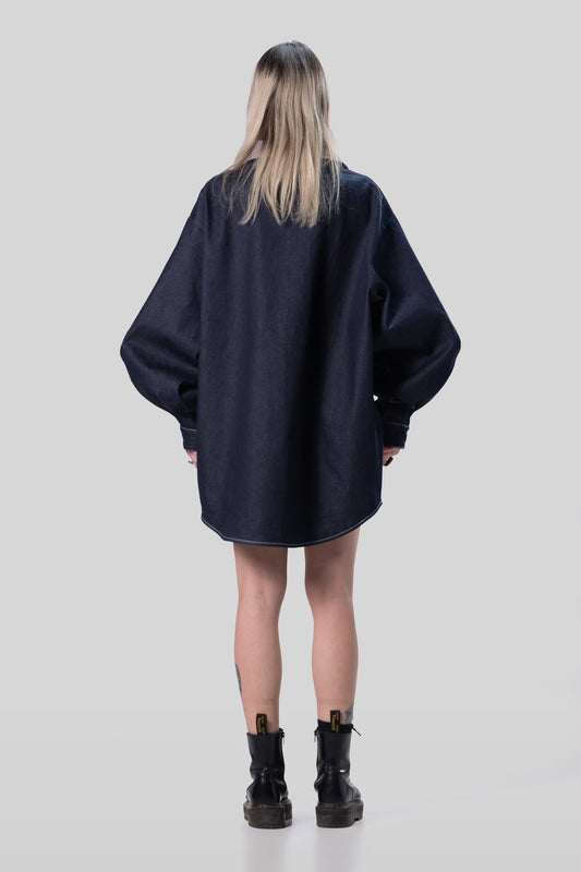 Back view of indigo Candiani raw denim Dovetail Dress, clean rear
