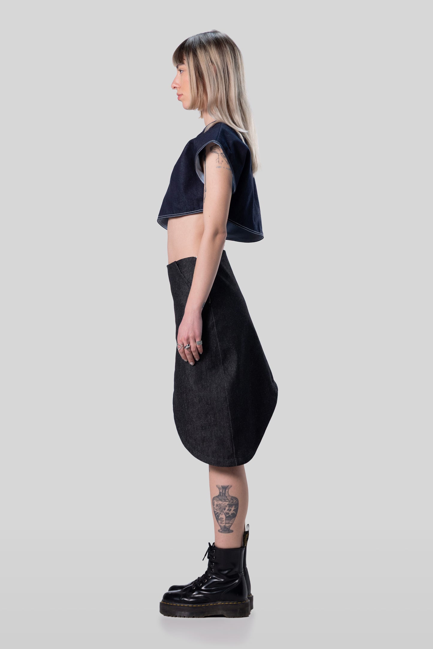 Alternate side view of Fly Girl crop top in indigo raw denim
