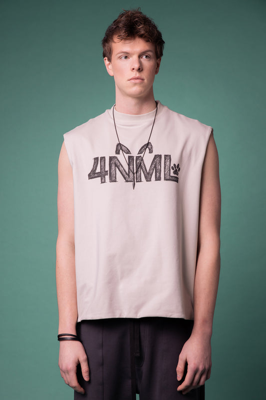 Mid view of off-white Rough Draft tank with 4NML sketch print
