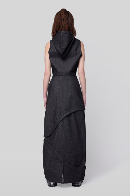 Back view of 2nd Skin skirt in carbon raw denim, full layered configuration