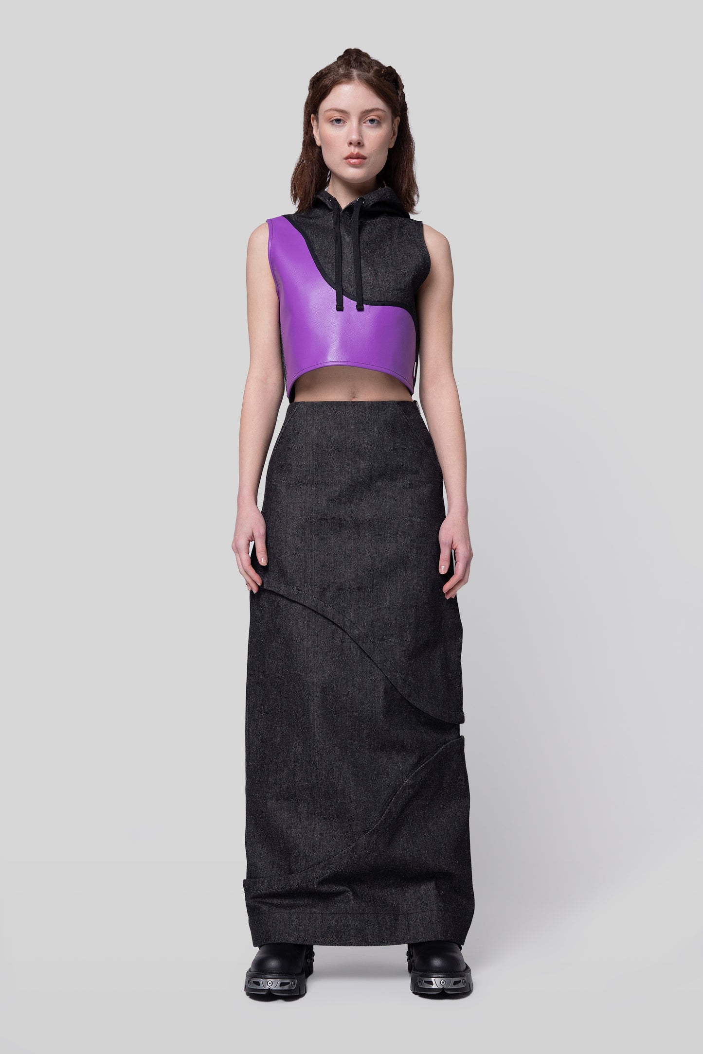 Full body front view of 2nd Skin skirt in carbon raw denim with full layered length