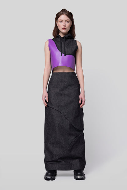 Full body front view of 2nd Skin skirt in carbon raw denim with full layered length