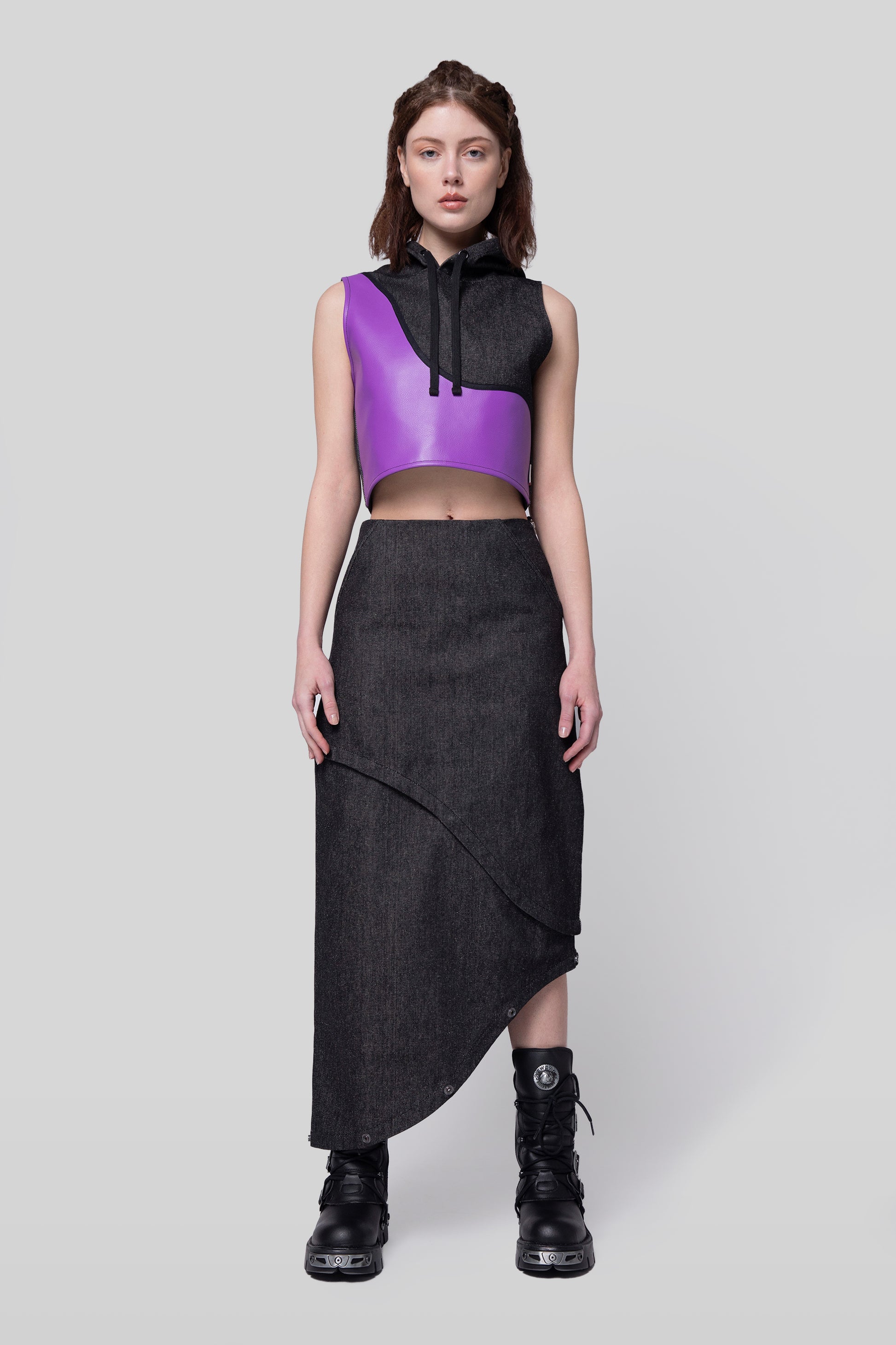 Front view of 2nd Skin skirt in carbon raw denim, mid-length configuration