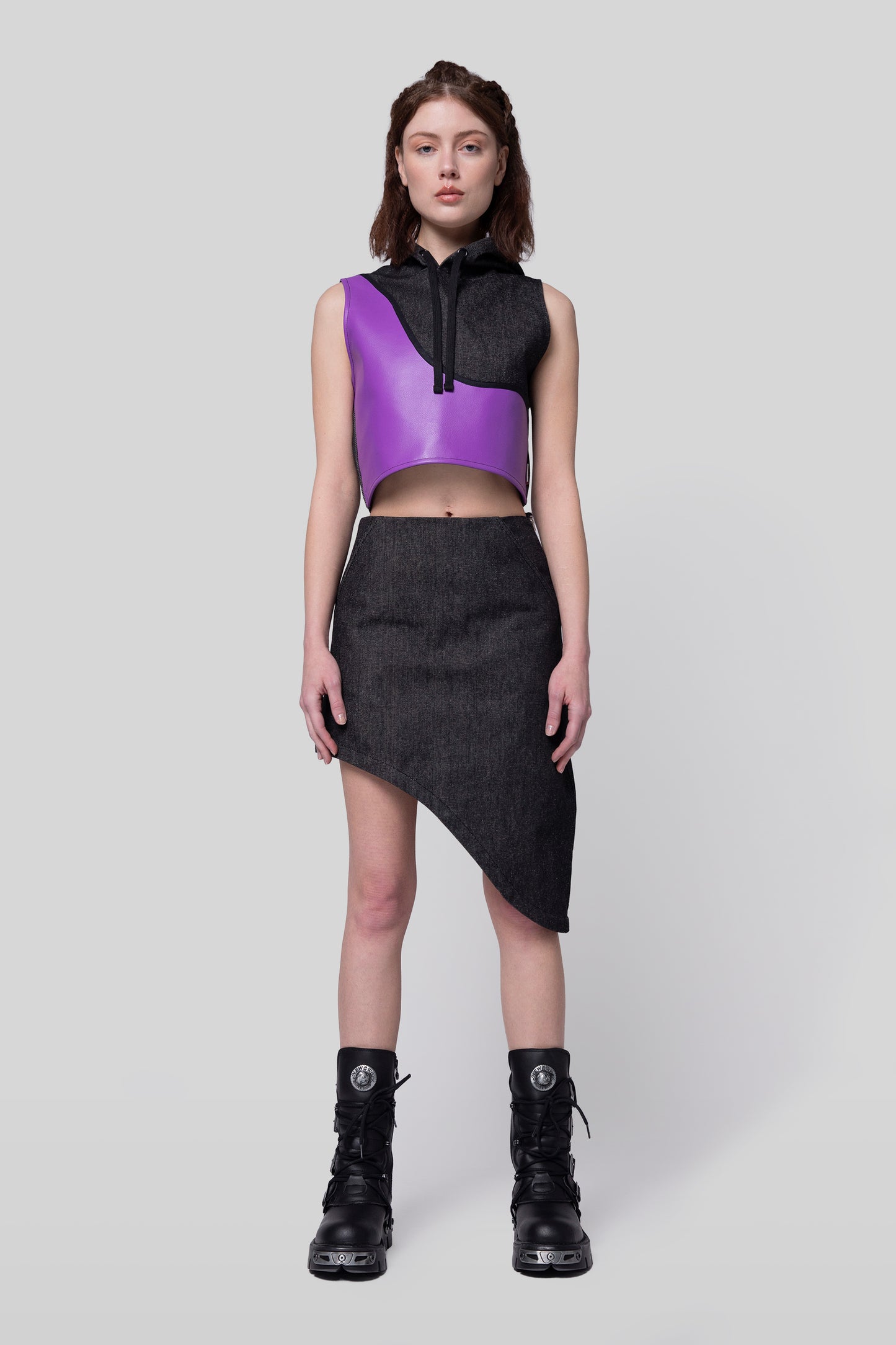 Front view of 2nd Skin skirt in carbon raw denim, short modular configuration
