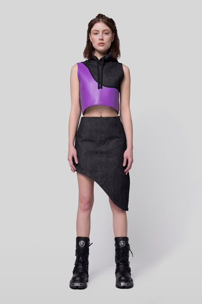 Front view of 2nd Skin skirt in carbon raw denim, short modular configuration