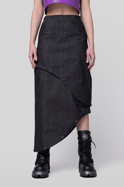 Lower view of 2nd Skin skirt showing layered panels in carbon raw denim