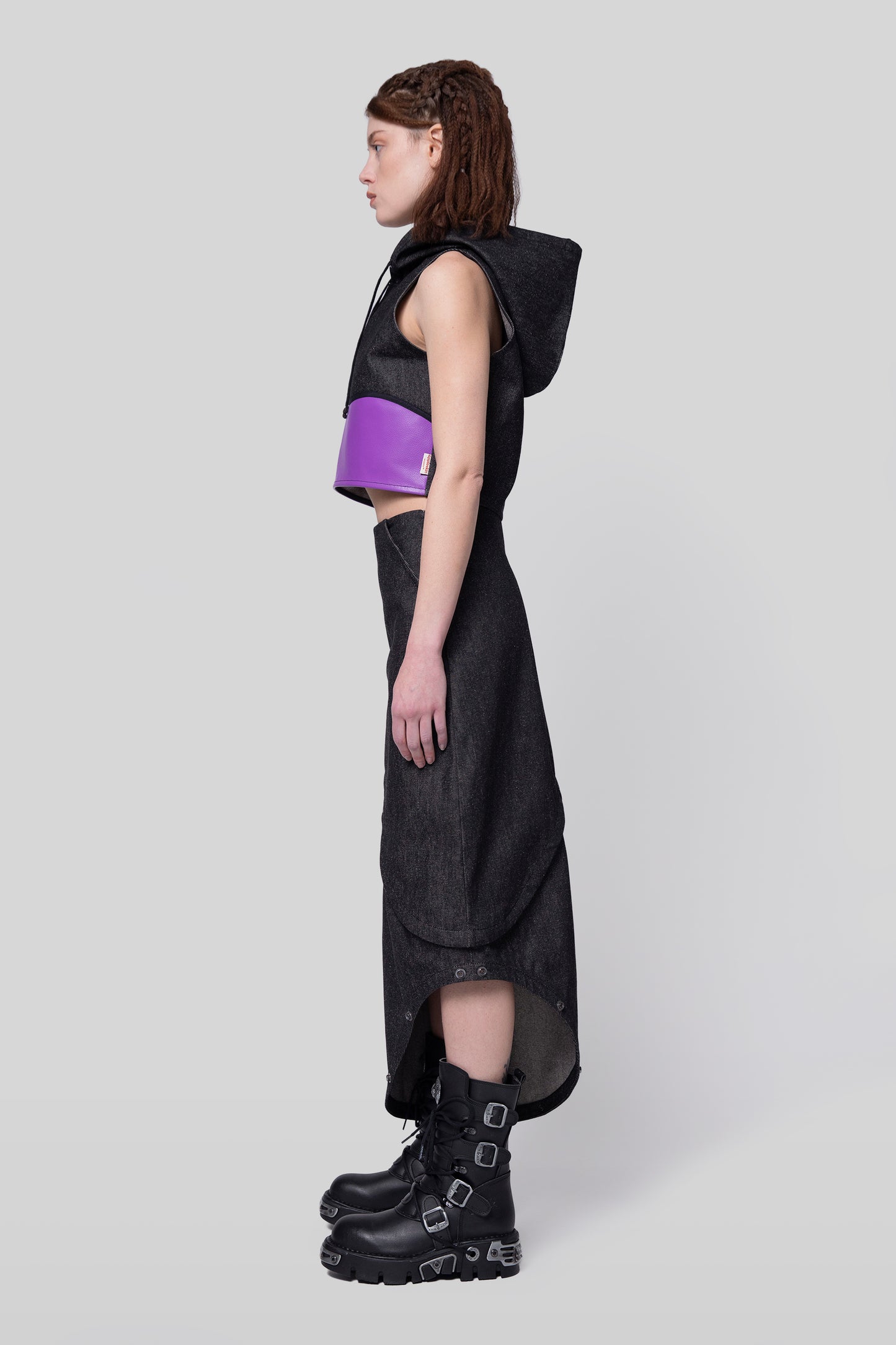 Side profile of 2nd Skin skirt with modular layers and asymmetric cut