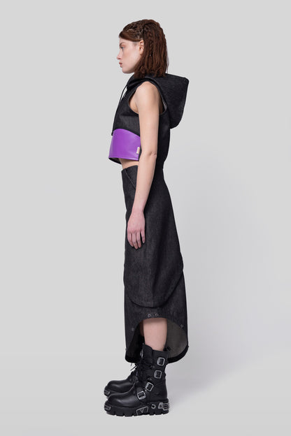 Side profile of 2nd Skin skirt with modular layers and asymmetric cut