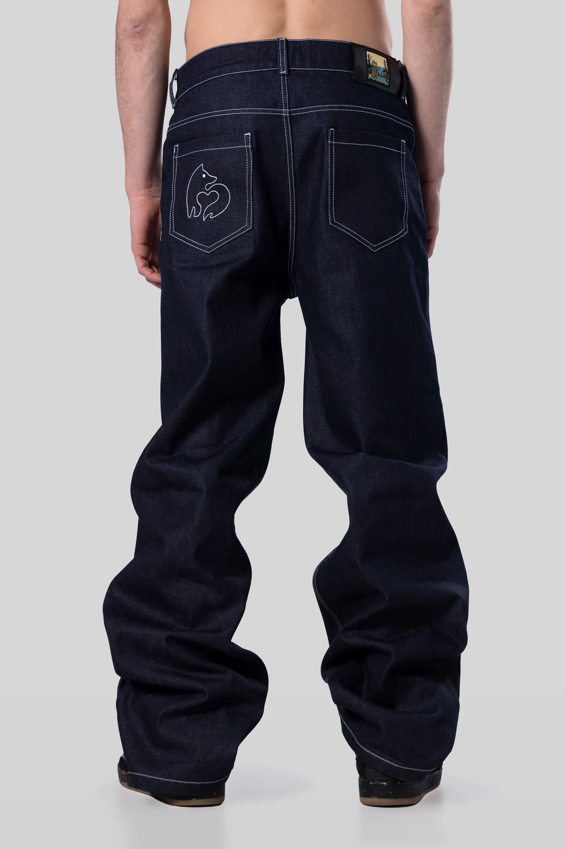 Full back view of 4Front jeans in indigo raw denim