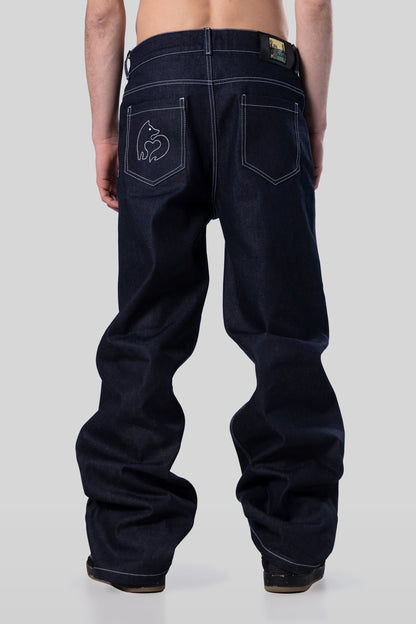 Full back view of 4Front jeans in indigo raw denim