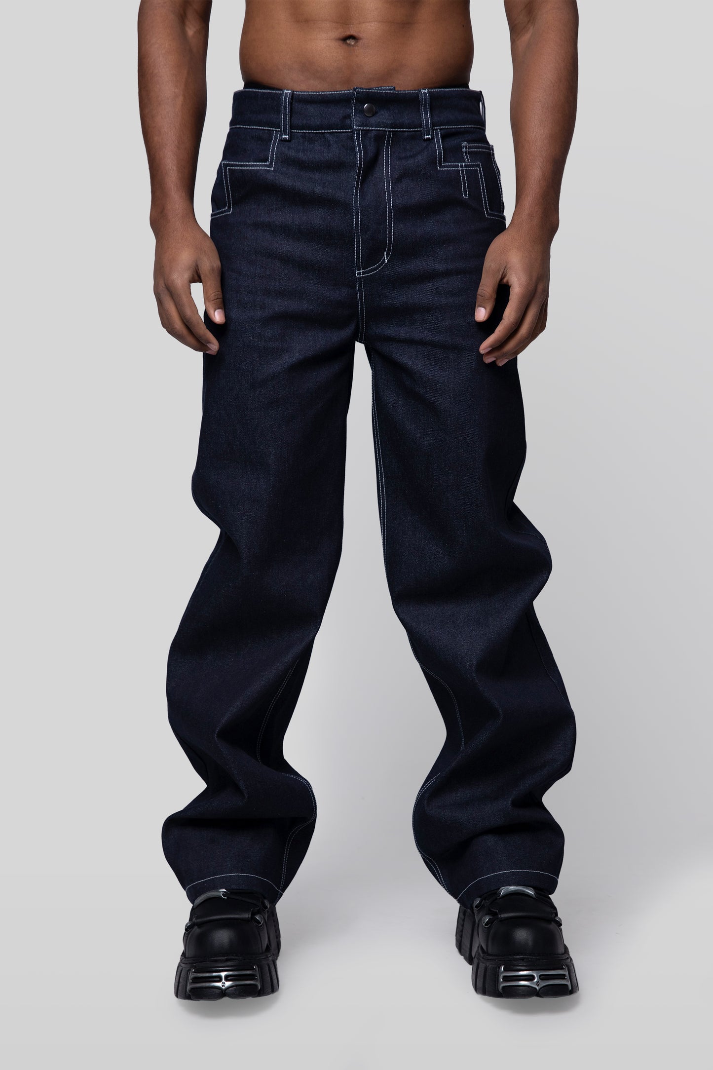 Front view of 4Front jeans in indigo Candiani raw denim
