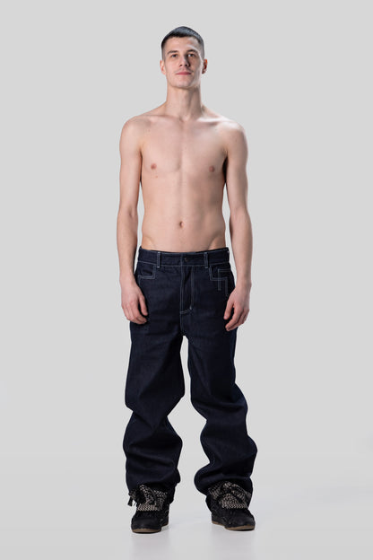 Full body front view of 4Front jeans in indigo raw denim, relaxed silhouette