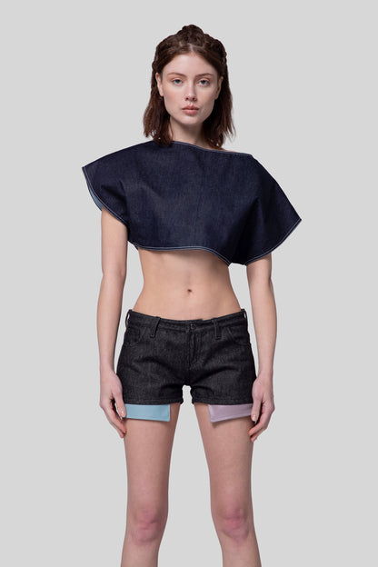 [card:women-primary][card:all-primary] Front portrait of 4Sight shorts in carbon Candiani raw denim with dual AppleSkin pockets