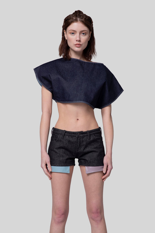 Front portrait of 4Sight shorts in carbon Candiani raw denim with dual AppleSkin pockets