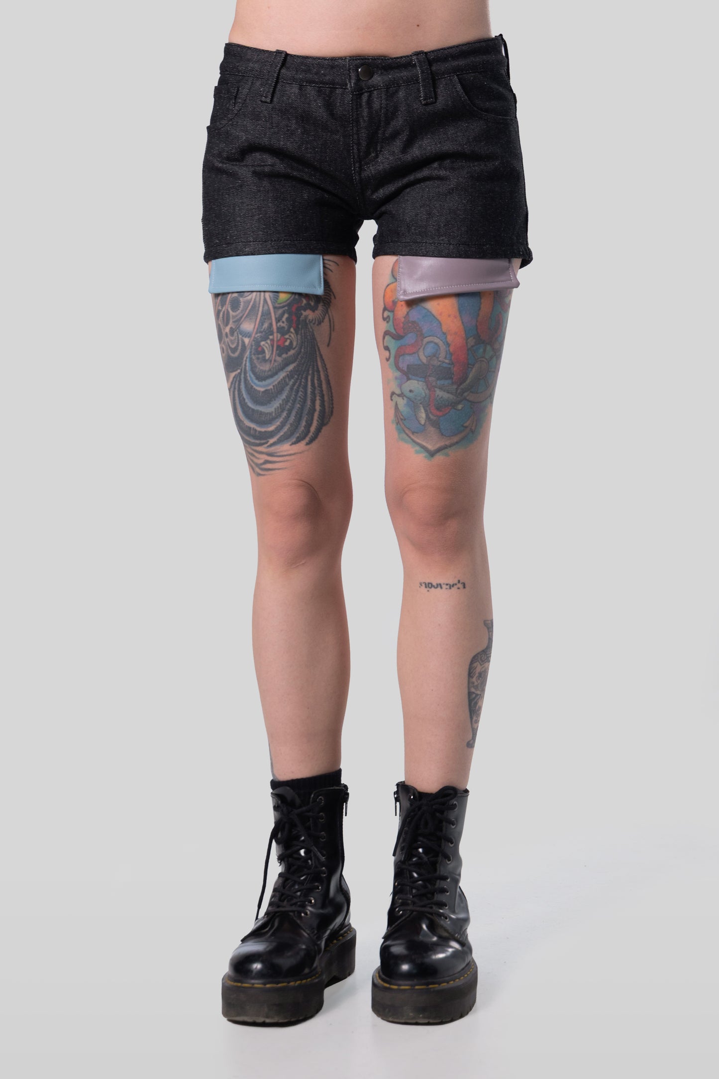 Front lower view of 4Sight shorts in carbon raw denim