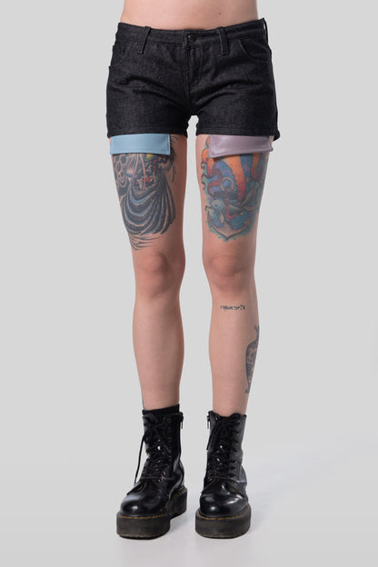Front lower view of 4Sight shorts in carbon raw denim