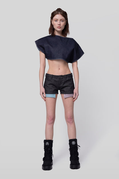 Full body front view of 4Sight shorts in carbon raw denim