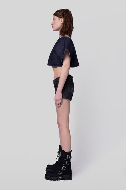 Side profile of 4Sight shorts in carbon raw denim