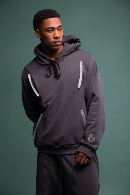 Angled view of Anchor hoodie in deep grey