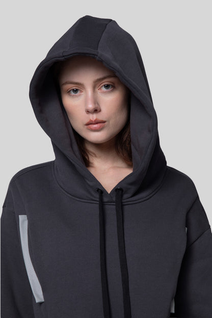 Close view of Anchor hoodie in deep grey organic cotton