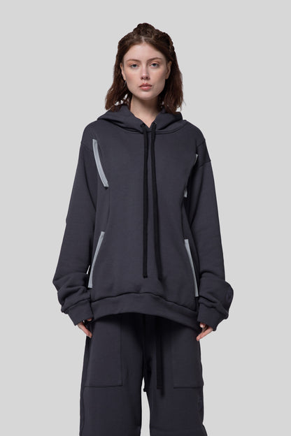 Front portrait of Anchor hoodie showing hood and chest pockets