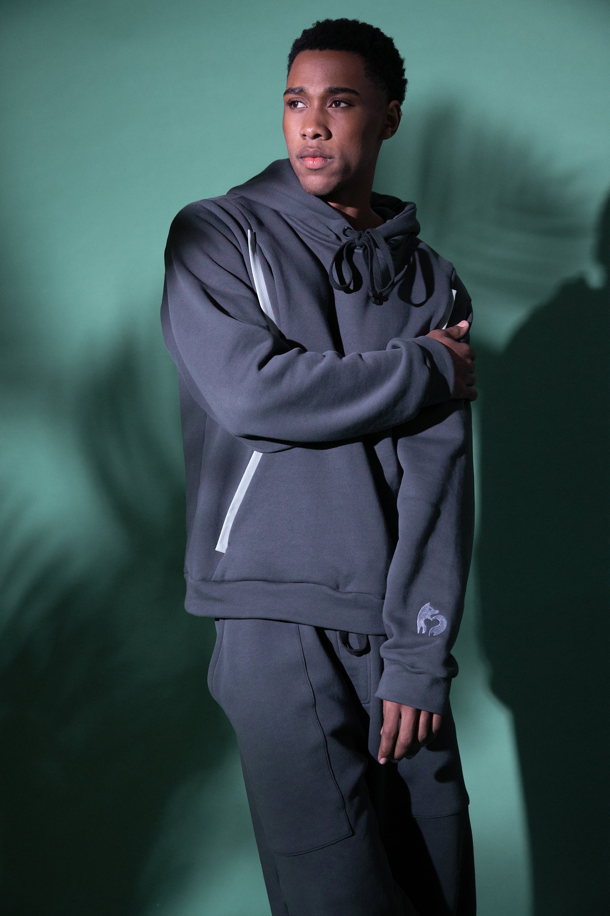 Portrait of Anchor hoodie showing hood and front pockets