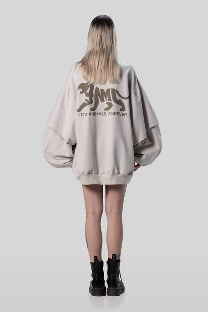 Back view of Big Cat Crew sweatshirt in off-white with printed text