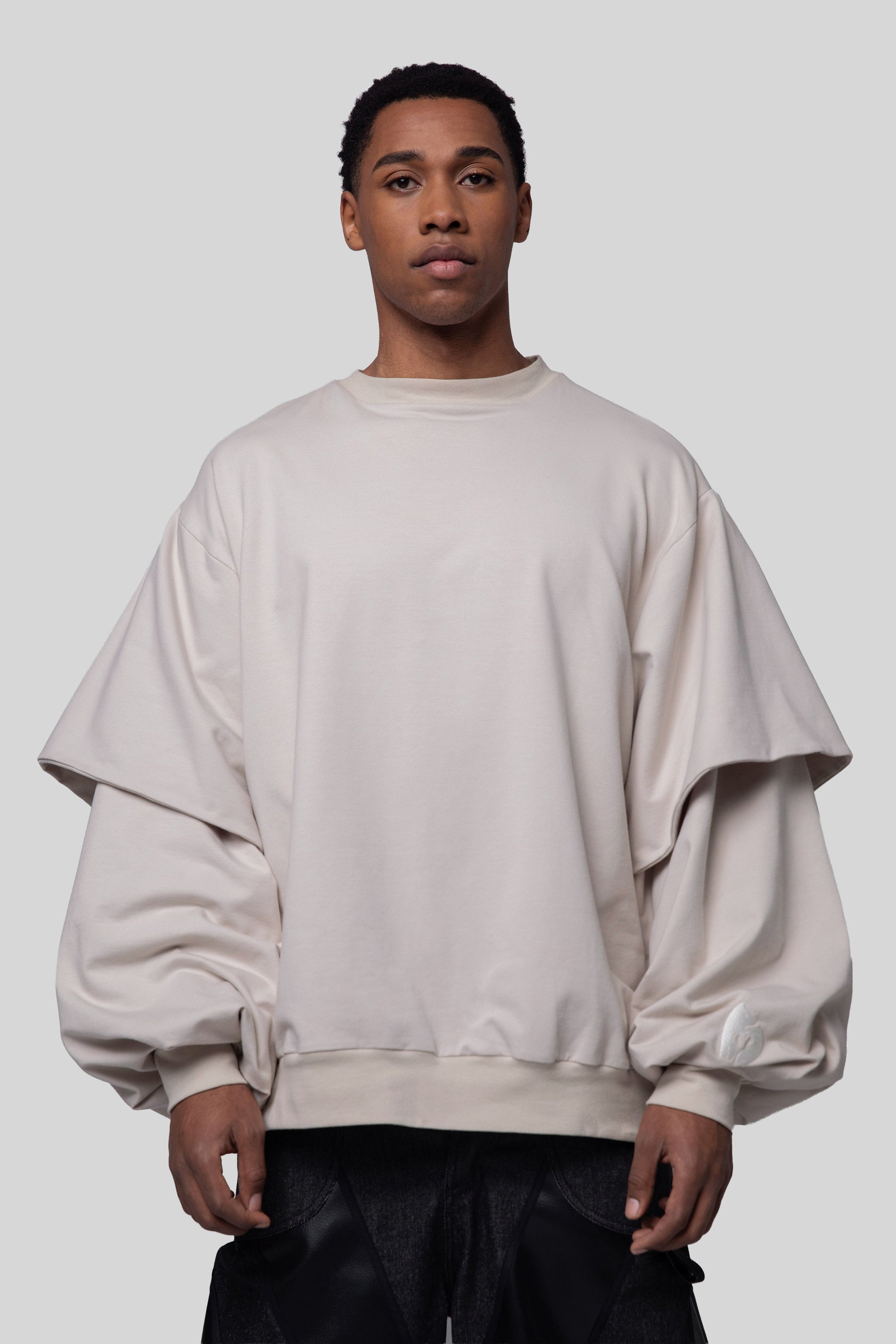 [card:men-secondary] Front view of Big Cat Crew sweatshirt in off-white organic cotton