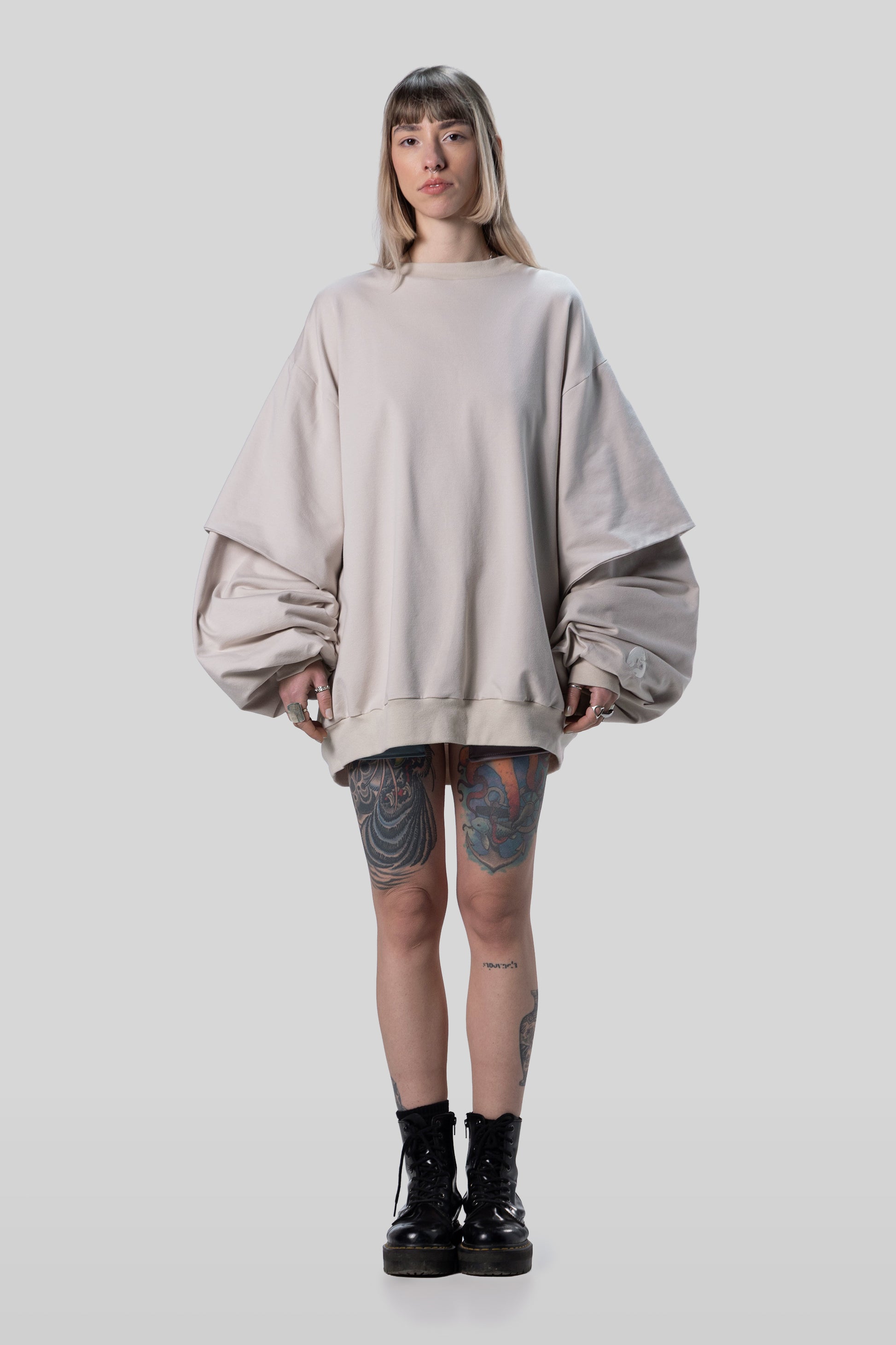 Full body view of Big Cat Crew sweatshirt with relaxed drape
