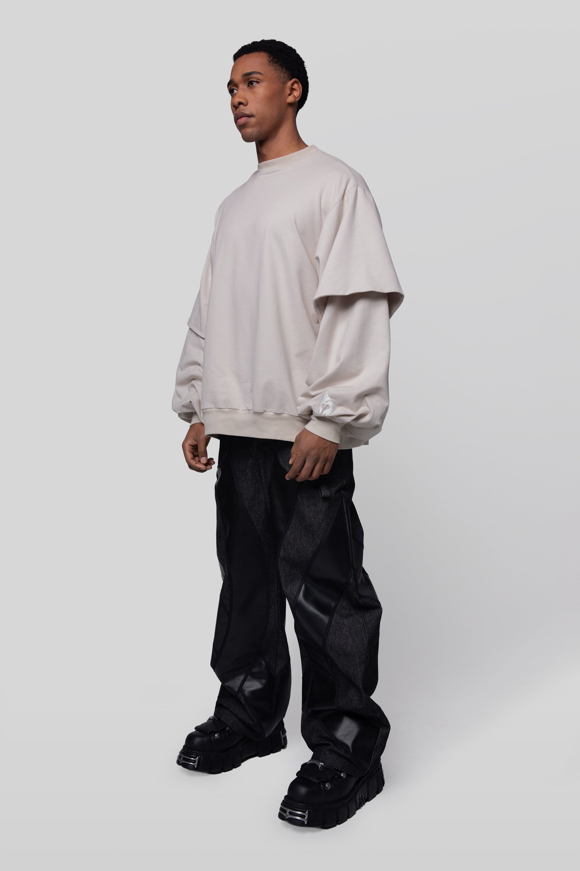 Full body view of Big Cat Crew sweatshirt in off-white organic cotton