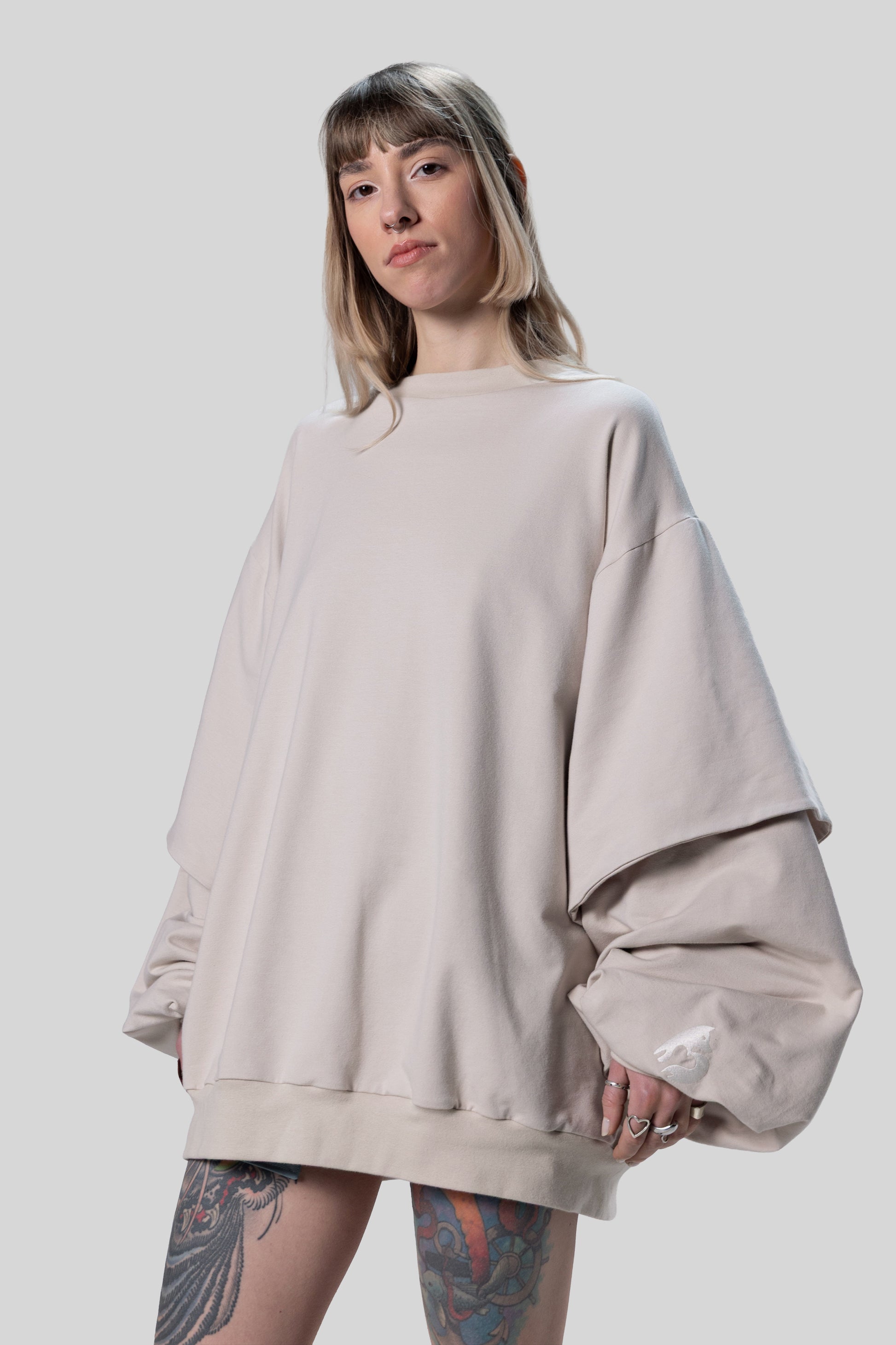 Angled front view of Big Cat Crew sweatshirt with oversized silhouette
