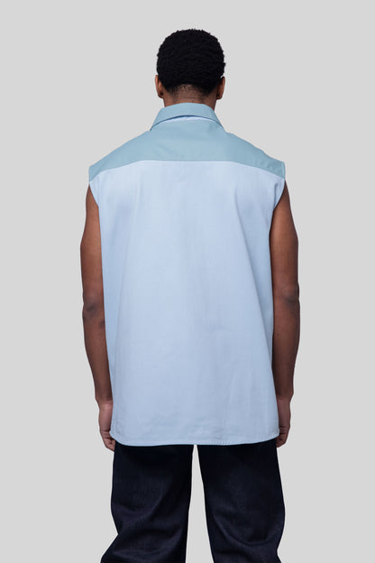 Back view of Blue Collar vest in light blue with structured collar