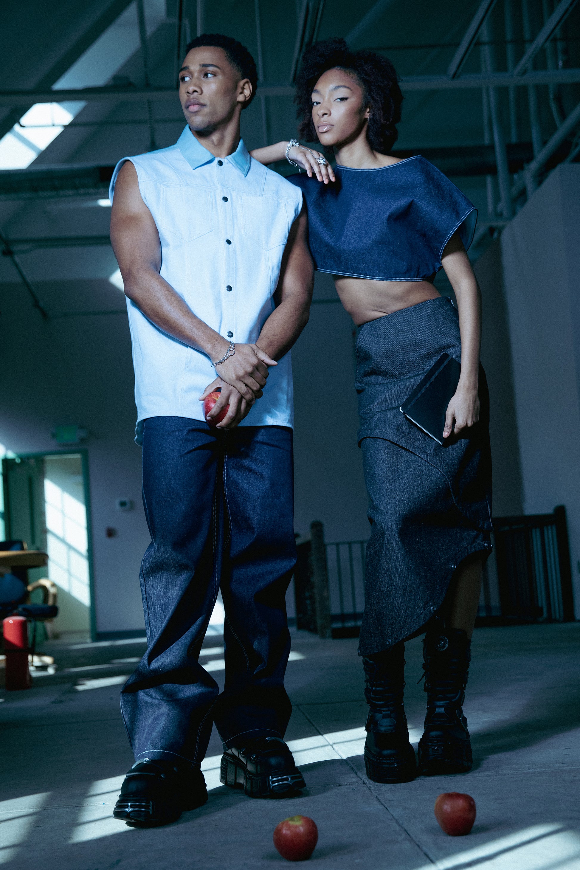 [card:men-secondary] Male model wearing 4NML Blue Collar Vest with 4Front Jean, next to female model wearing 4NML Fly Girl Crop top and 2nd Skin Skirt
