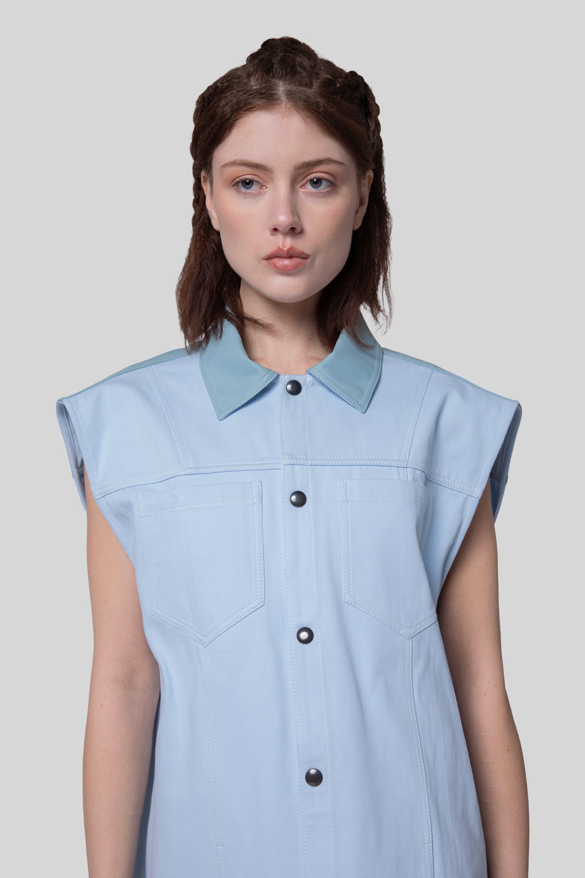 Front portrait of Blue Collar vest showing collar and chest pockets