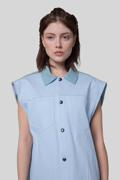 Front portrait of Blue Collar vest showing collar and chest pockets