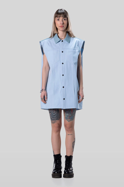 Full body view of Blue Collar vest styled as dress