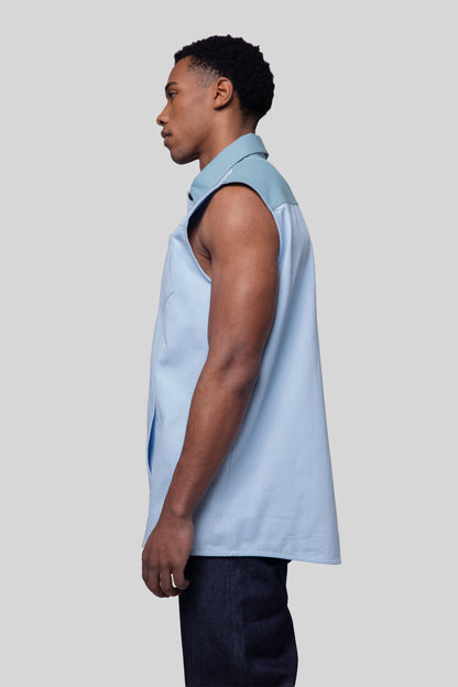 Side view of Blue Collar vest with relaxed drape