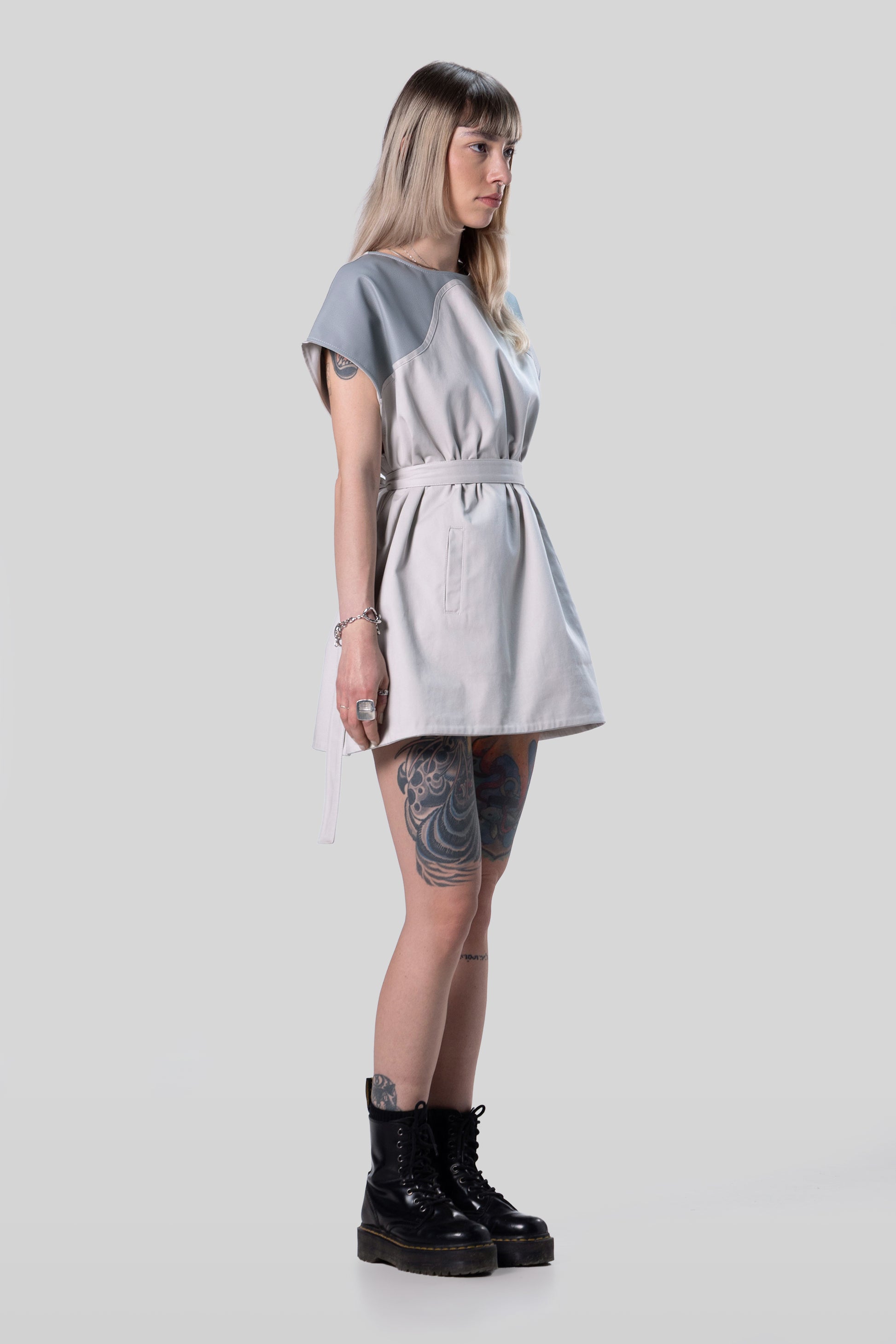Angled view of Chameleon dress in fitted configuration