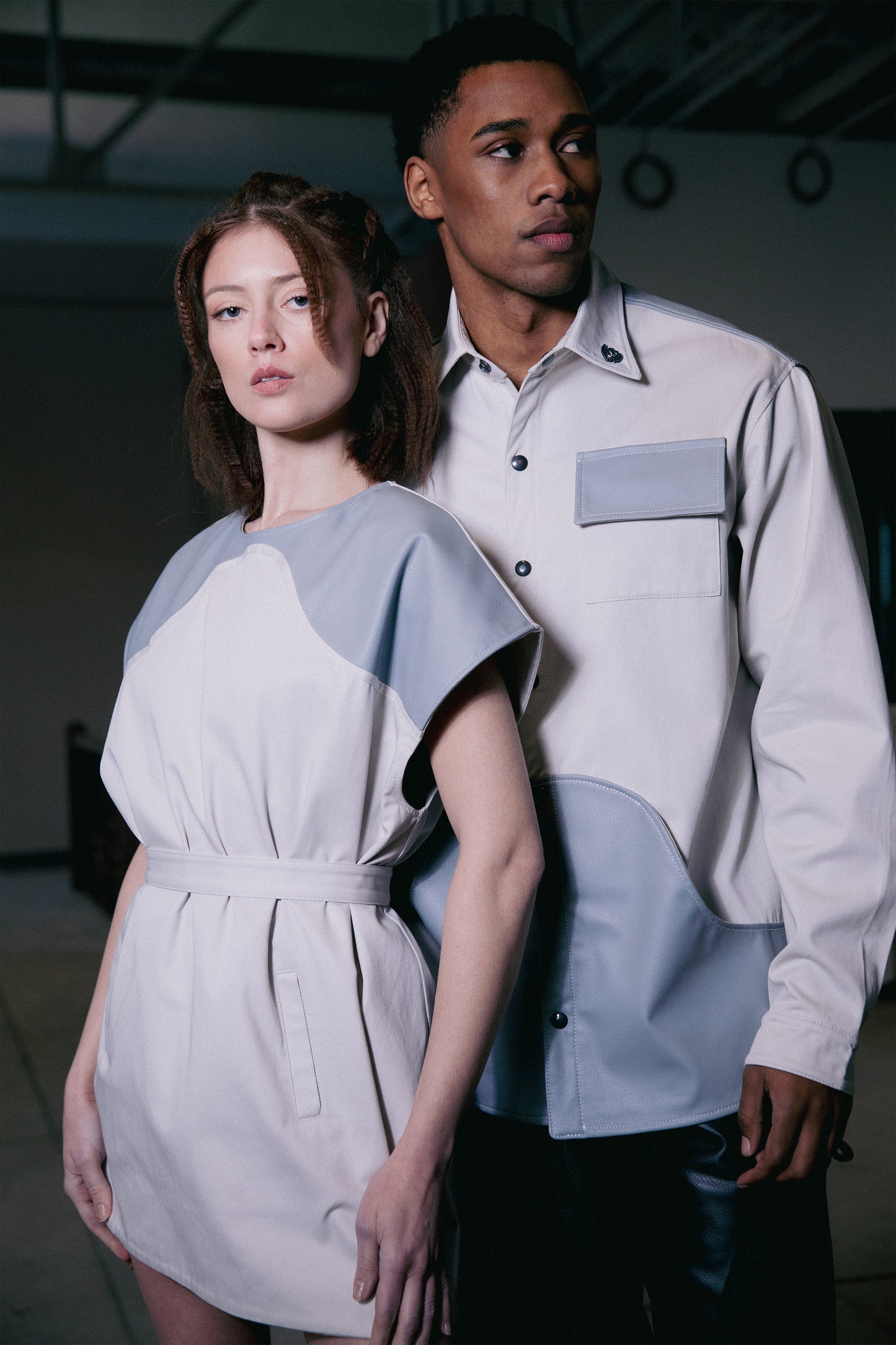 [card:men-primary][card:all-secondary] Models wearing Chameleon dress and matching 4NML Out of Pocket shirt, coordinated styling