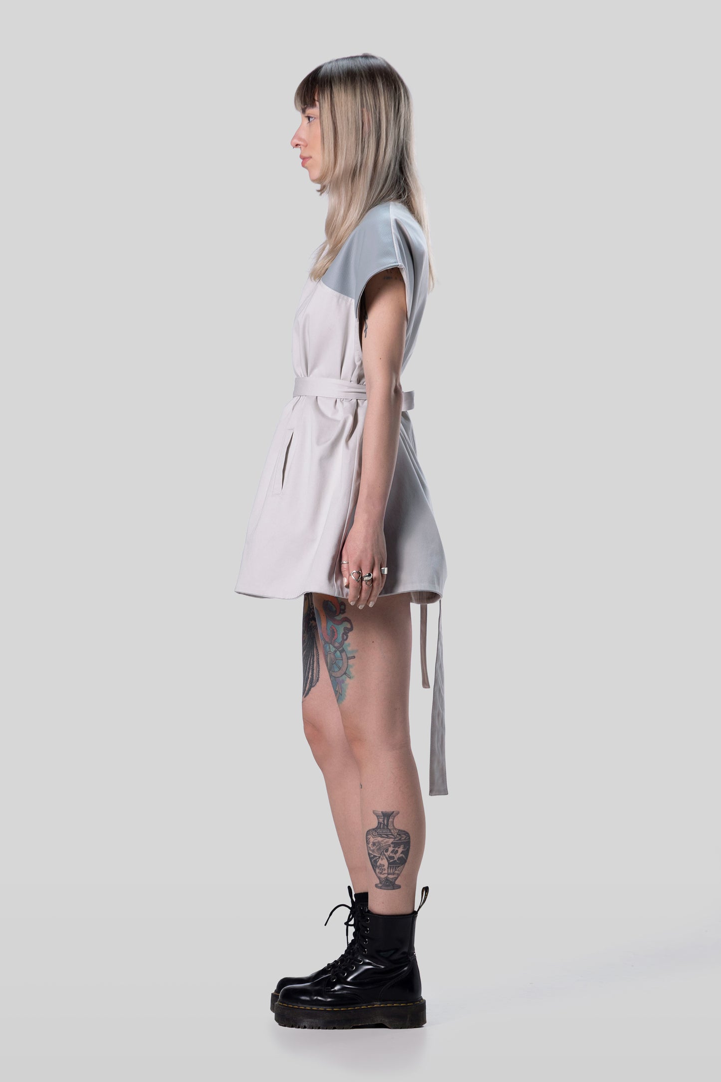 Side view of Chameleon dress with fitted waist and AppleSkin panels