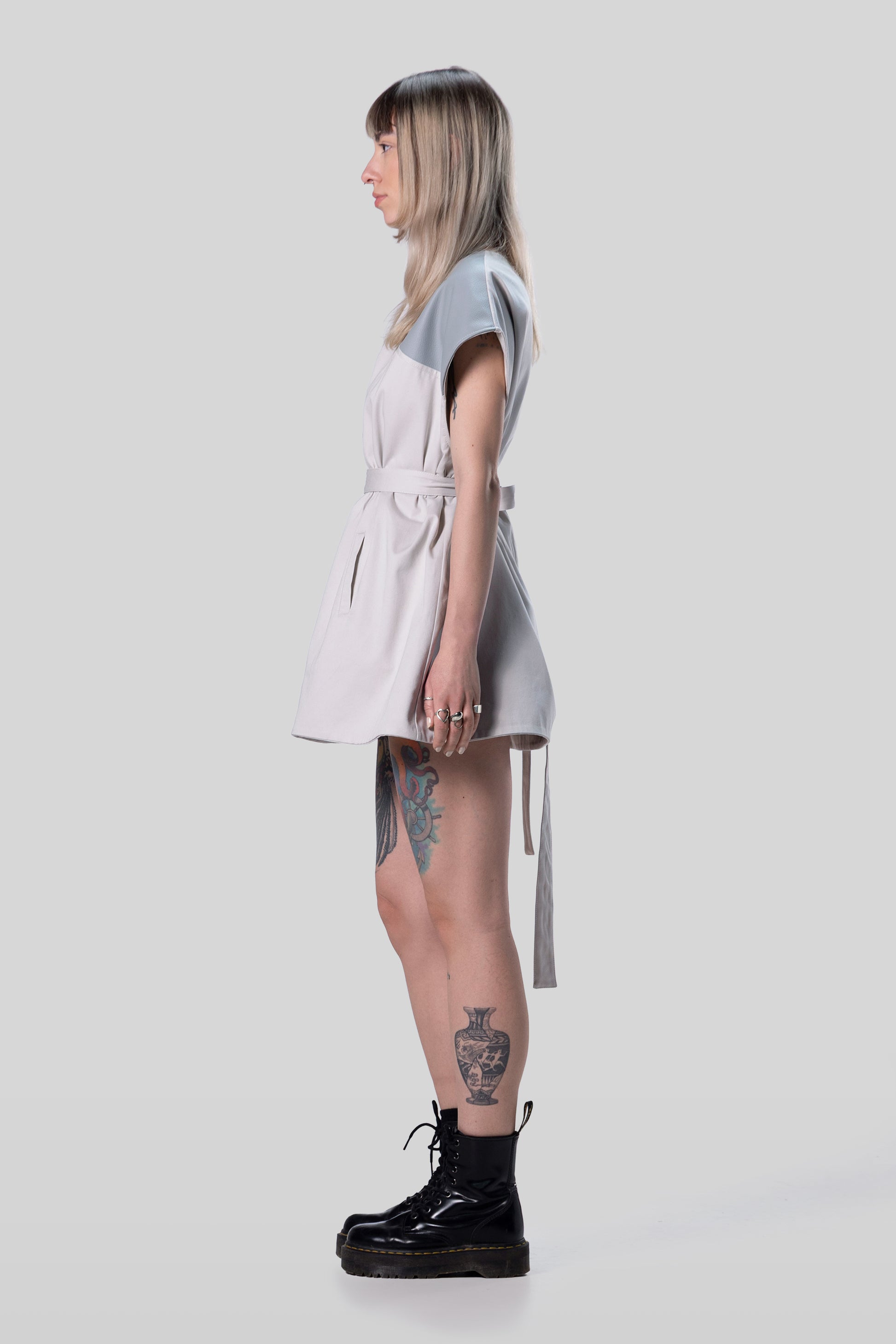 Side view of Chameleon dress with fitted waist and AppleSkin panels