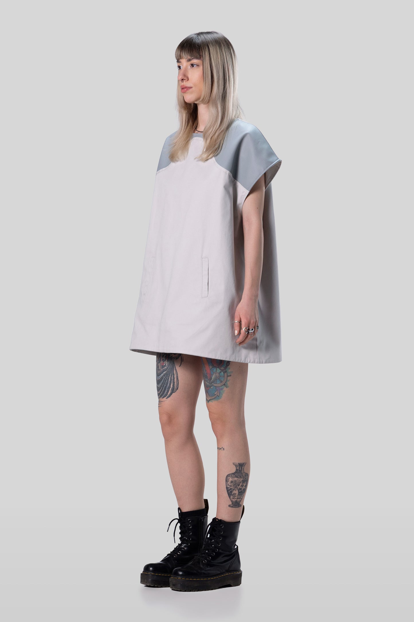 Angled view of Chameleon dress with loose unstructured silhouette