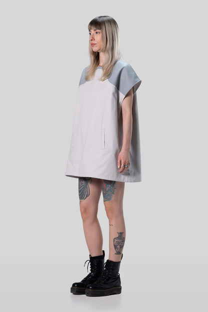 Angled view of Chameleon dress with loose unstructured silhouette