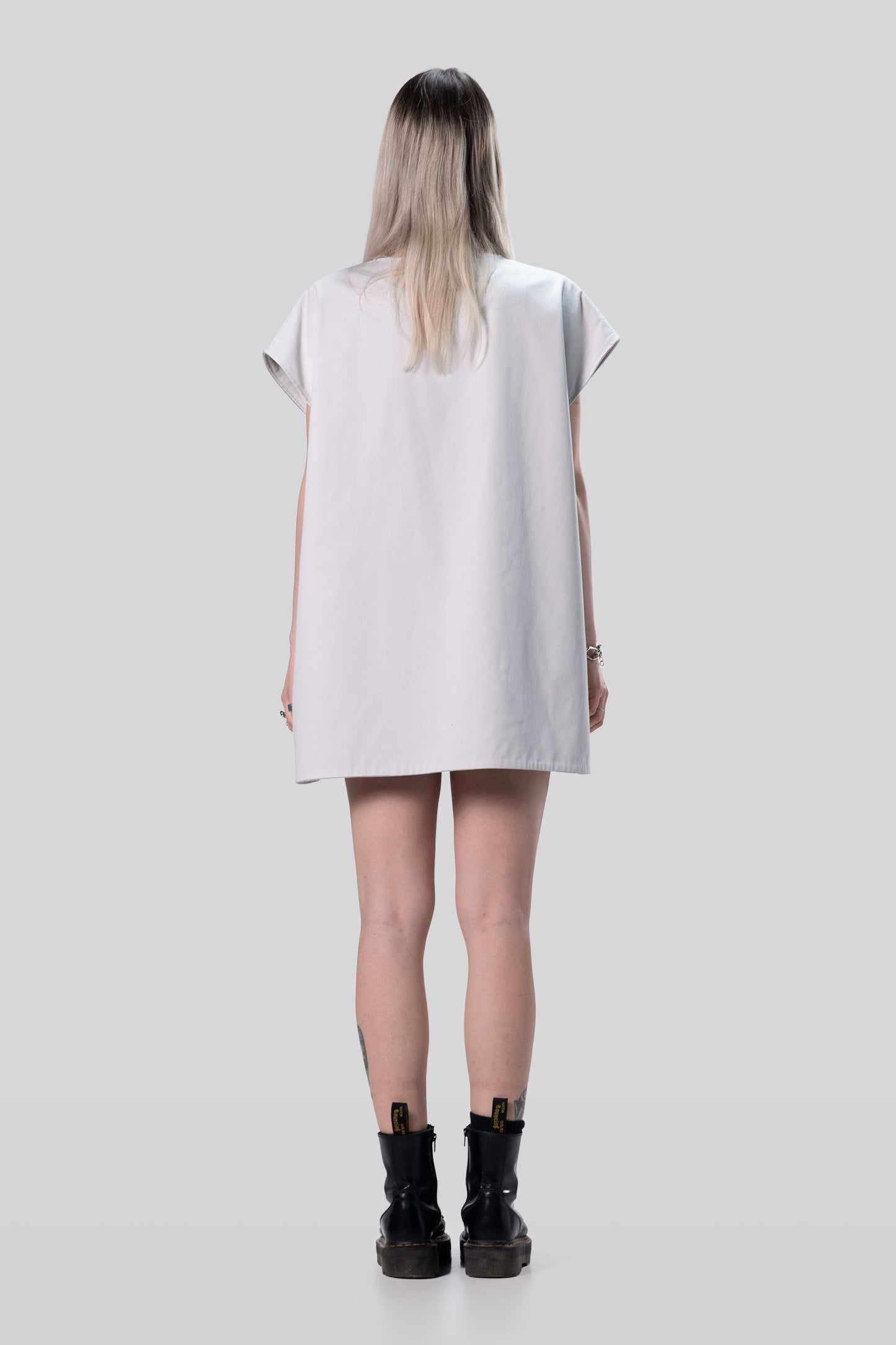 Back view of Chameleon dress in relaxed unstructured configuration