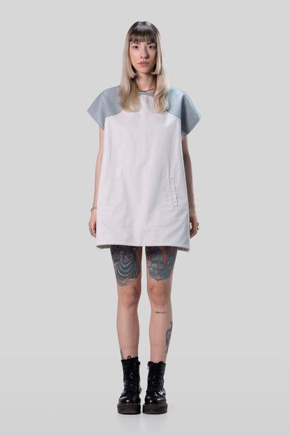 [card:women-secondary][card:all-secondary] Front view of Chameleon dress in light grey, unstructured fit without belt