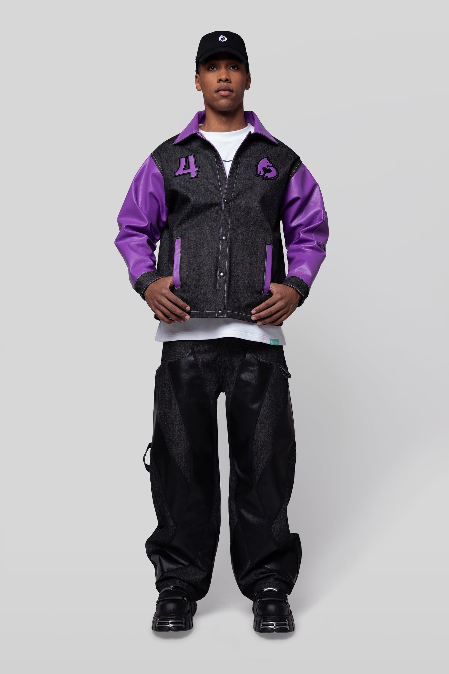 Full body front view of Core jacket in carbon raw denim