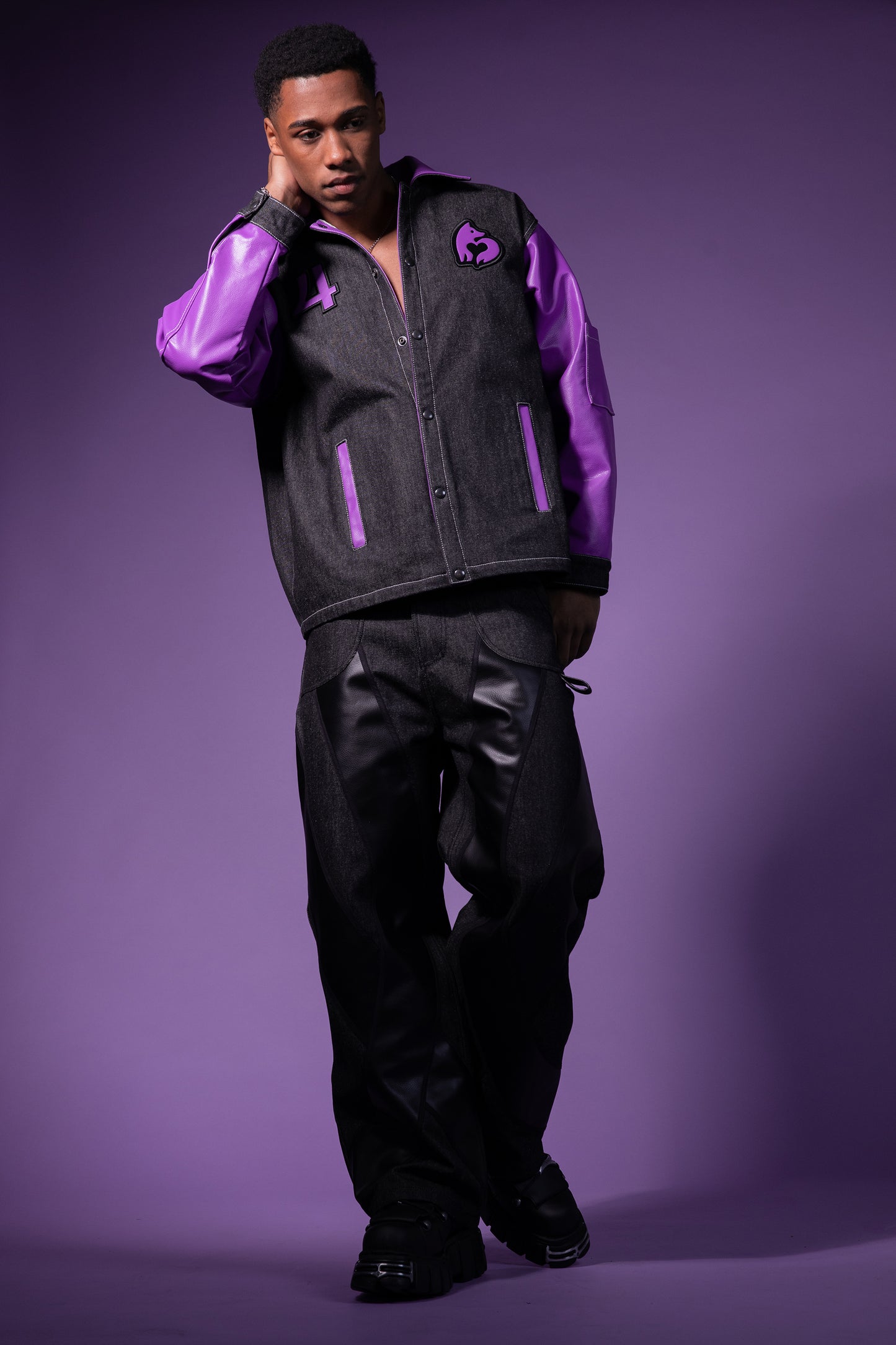 Model wearing Core jacket with relaxed oversized silhouette