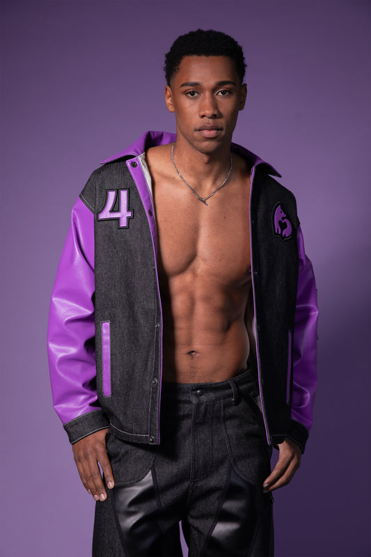 Model wearing 4NML Core jacket in carbon raw denim with deep lavender AppleSkin sleeves, oversized fit