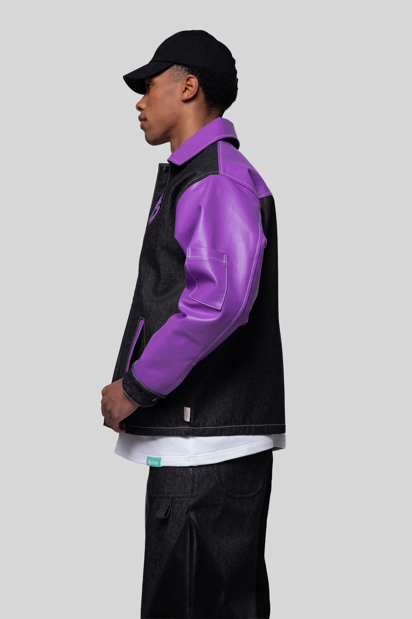 Side view of Core jacket in carbon raw denim