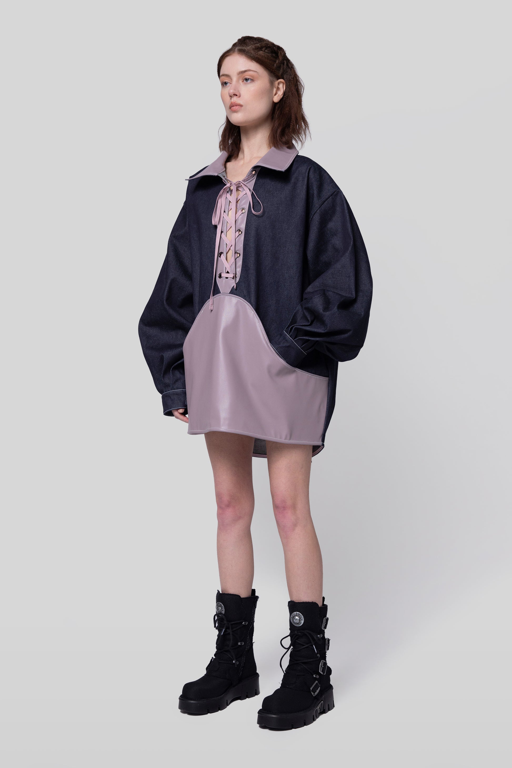 Angled full view of indigo Dovetail Dress with purple AppleSkin panel